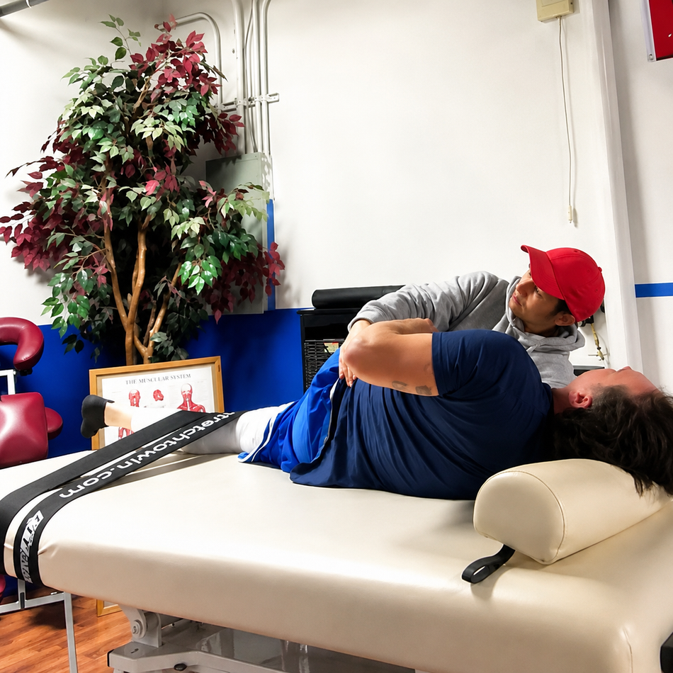 Woman stretching her leg on a massage table in a brick-walled studio