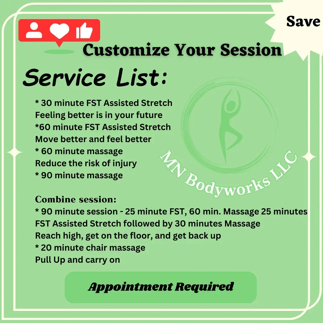 Green flyer listing massage service options, pricing, and appointment required notice.