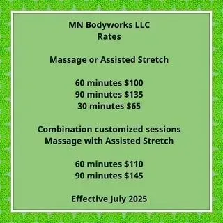 Green MN Bodyworks LLC rates sign listing massage and assisted stretch prices effective July 2025