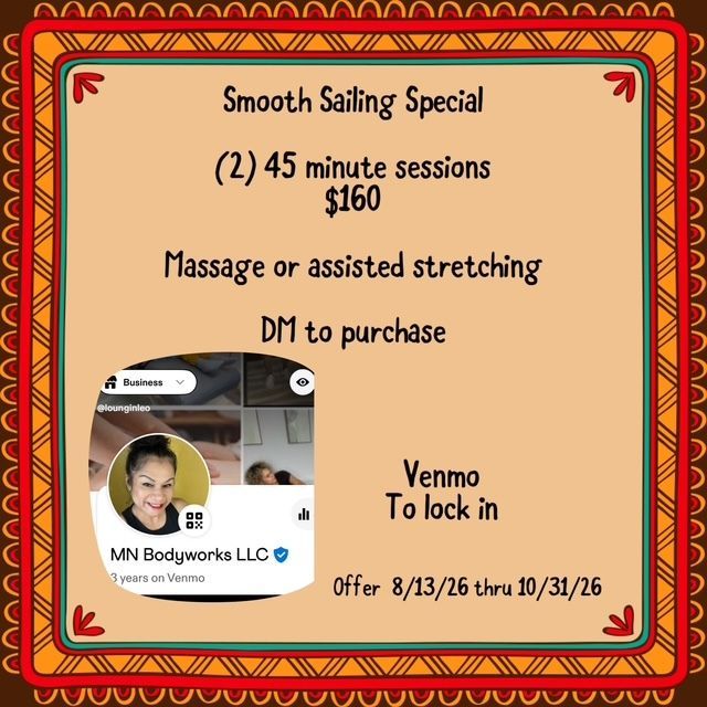 Green “Starter pack” pricing sign listing massage and stretch options, total $320.