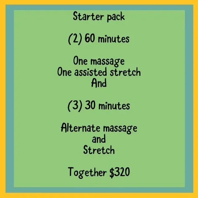 Green “Starter pack” pricing sign listing massage and stretch options, total $320.