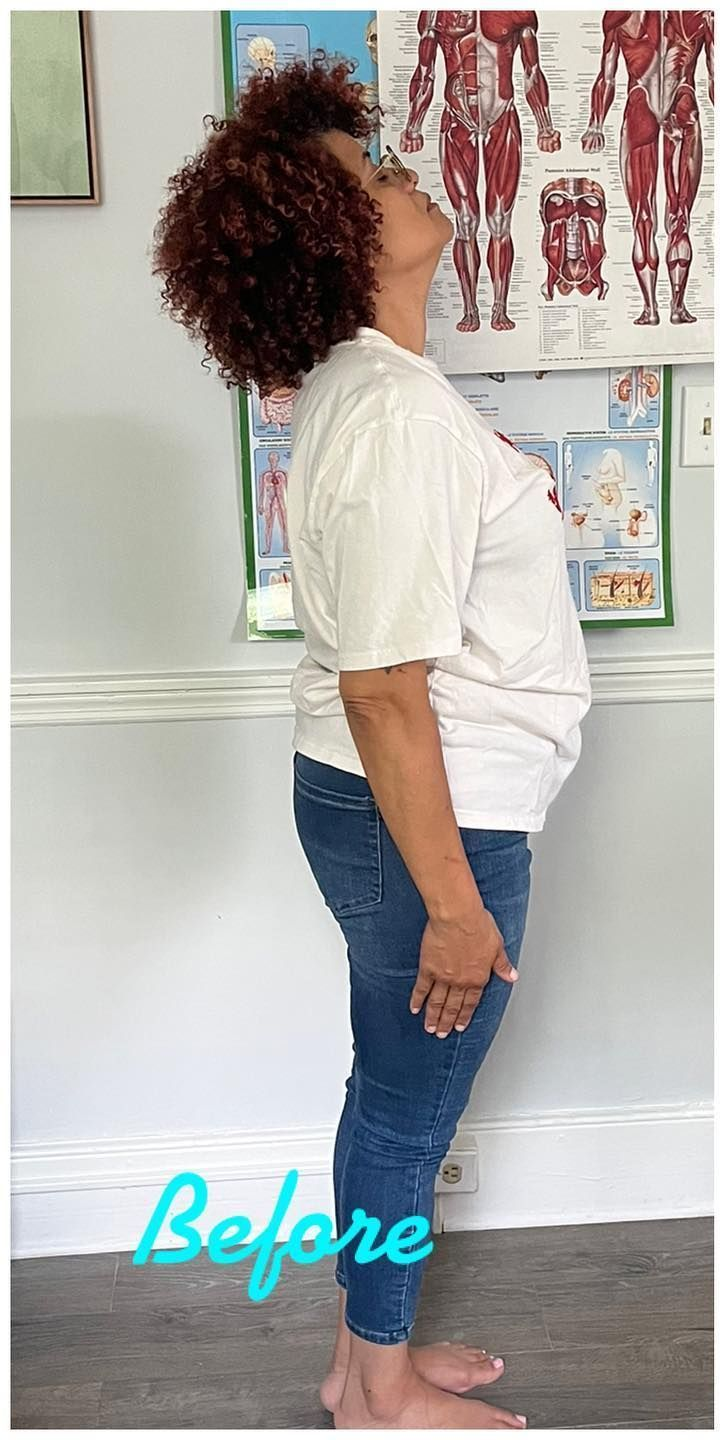 Side-view “before” photo of a person standing indoors, wearing a white shirt and jeans.