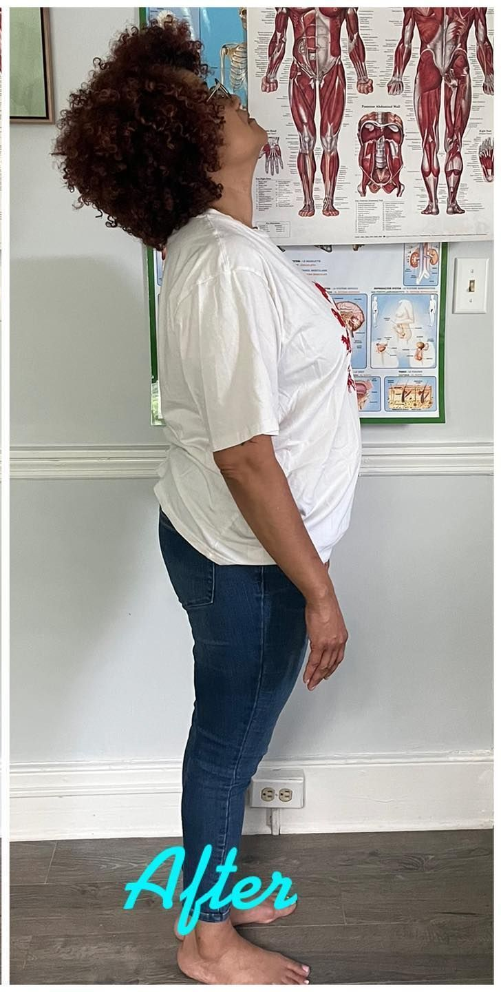 Side-view of a person standing indoors in white shirt and blue jeans, labeled “After.”