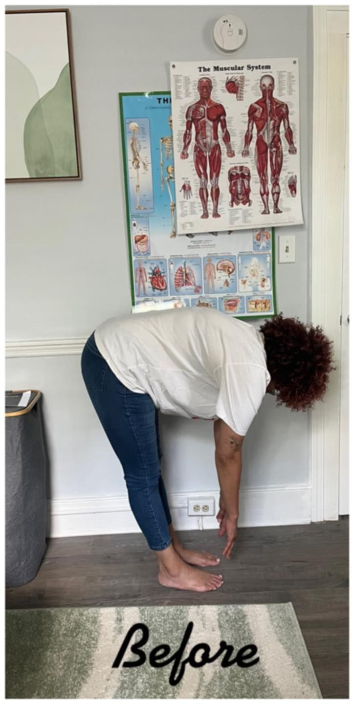 Person bending forward to touch toes in a room with anatomy posters and a “Before” label