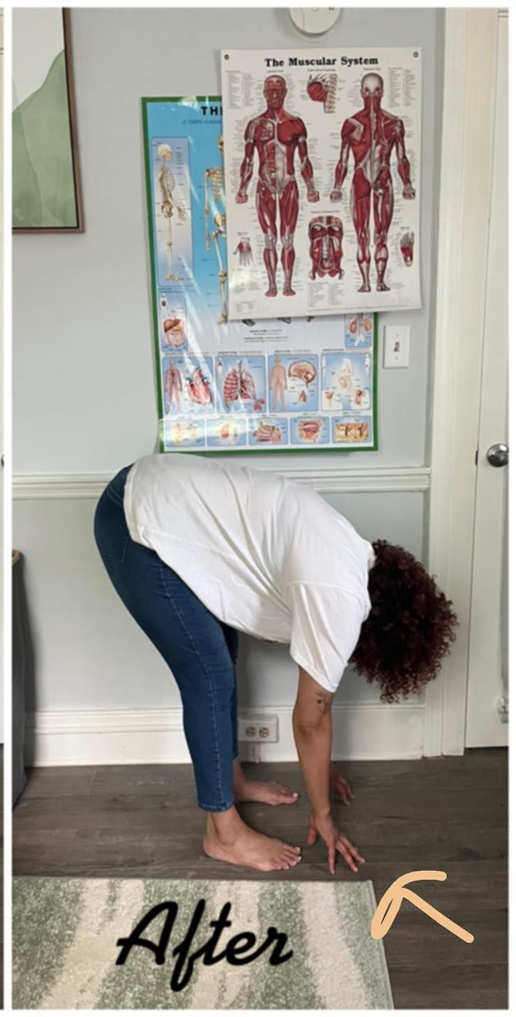 Person bending forward to touch toes in a room, labeled “After” with an arrow.