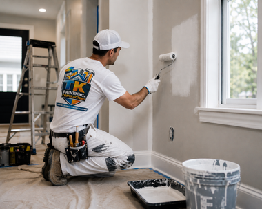 Painter kneeling to roll white paint on a beige wall in a bright room with a ladder and paint bucket.
