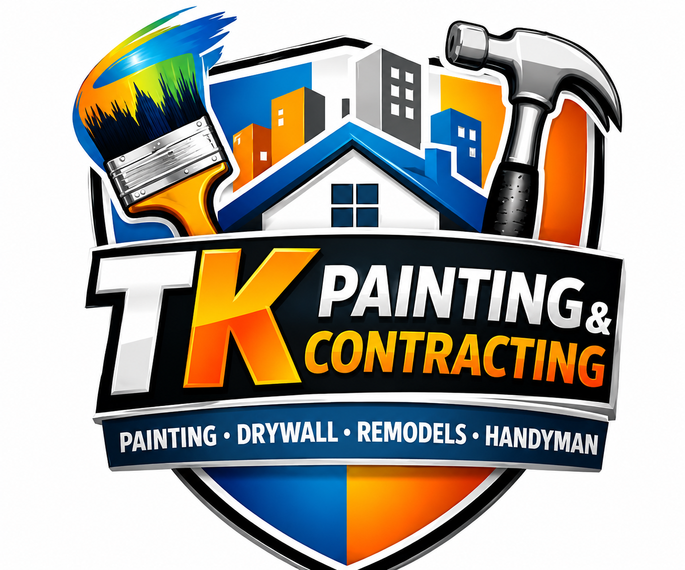 TK Painting & Contracting logo with house, paintbrush, and hammer in blue, orange, black, and white