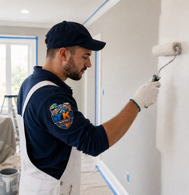 Painter rolling white paint on an indoor wall in a bright room