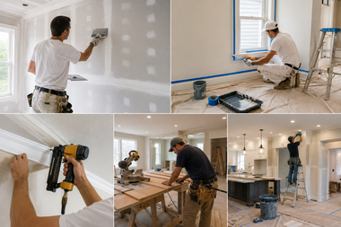 Collage of workers painting and renovating a home interior with tools, ladders, and unfinished walls