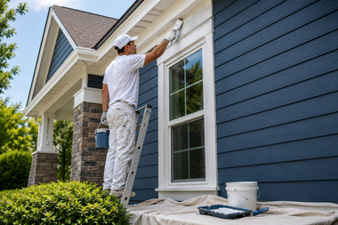 Painter working on blue house siding beside a window with paint bucket and drop cloth