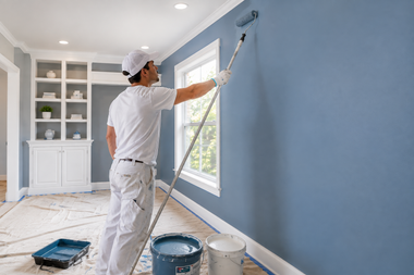 Painter using a roller to paint a blue wall in a bright room