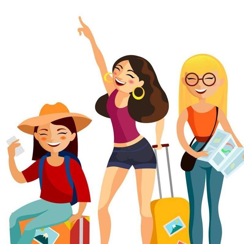 Three friends with luggage, smiling and traveling, one reading a map and one pointing upward.