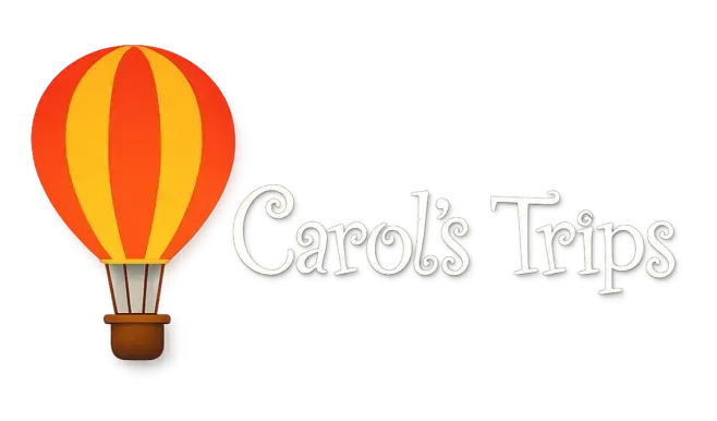 Hot air balloon logo with the text &ldquo;Carol&rsquo;s Trips&rdquo; in white script on a white background