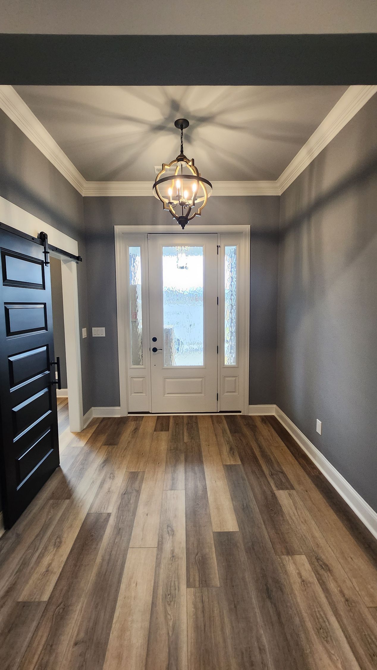 Entryway with dark gray walls, light wood-look floors, and a decorative chandelier centered above a white door.