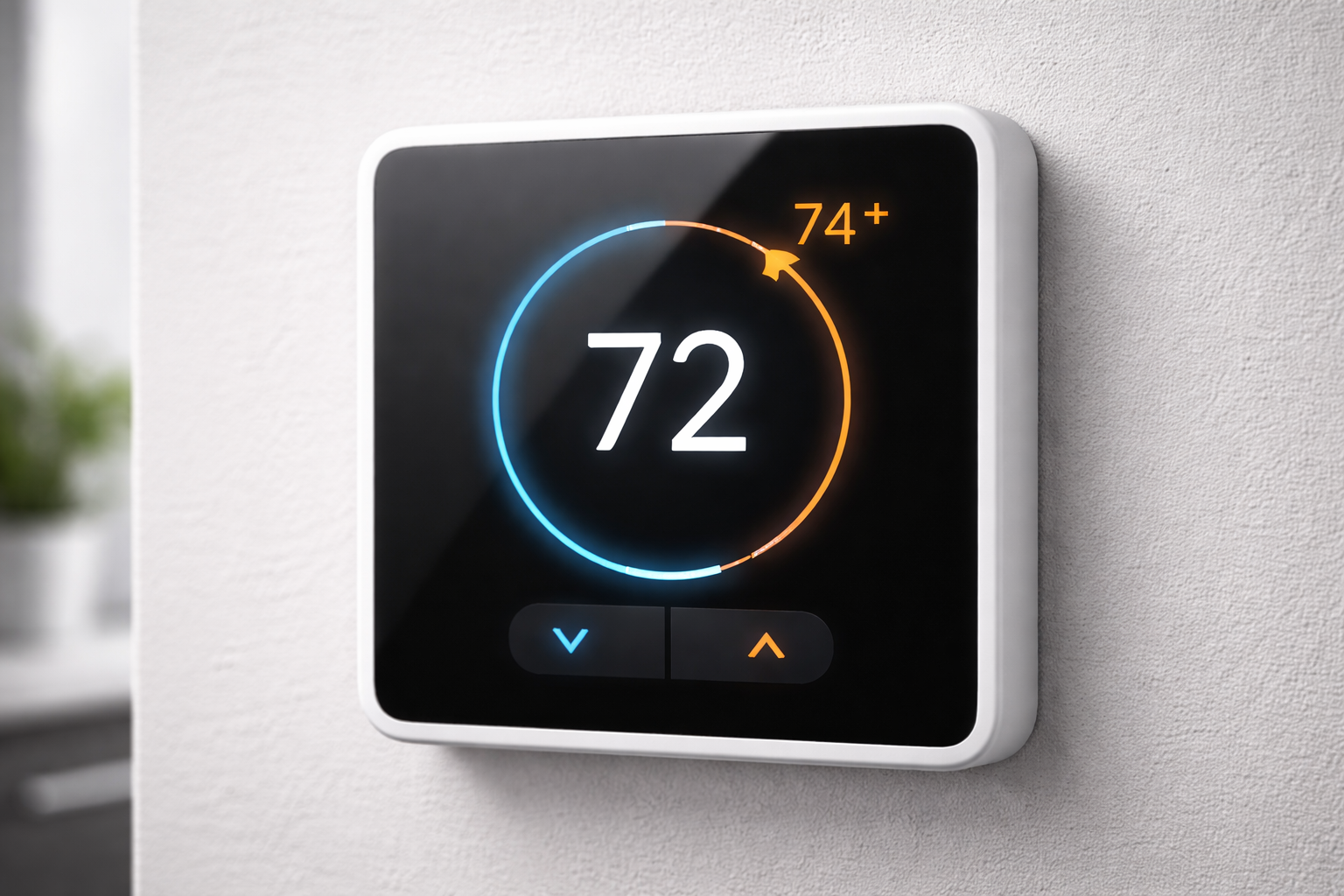 A white square smart thermostat on a wall displaying 72 degrees with a target temperature of 74 degrees.