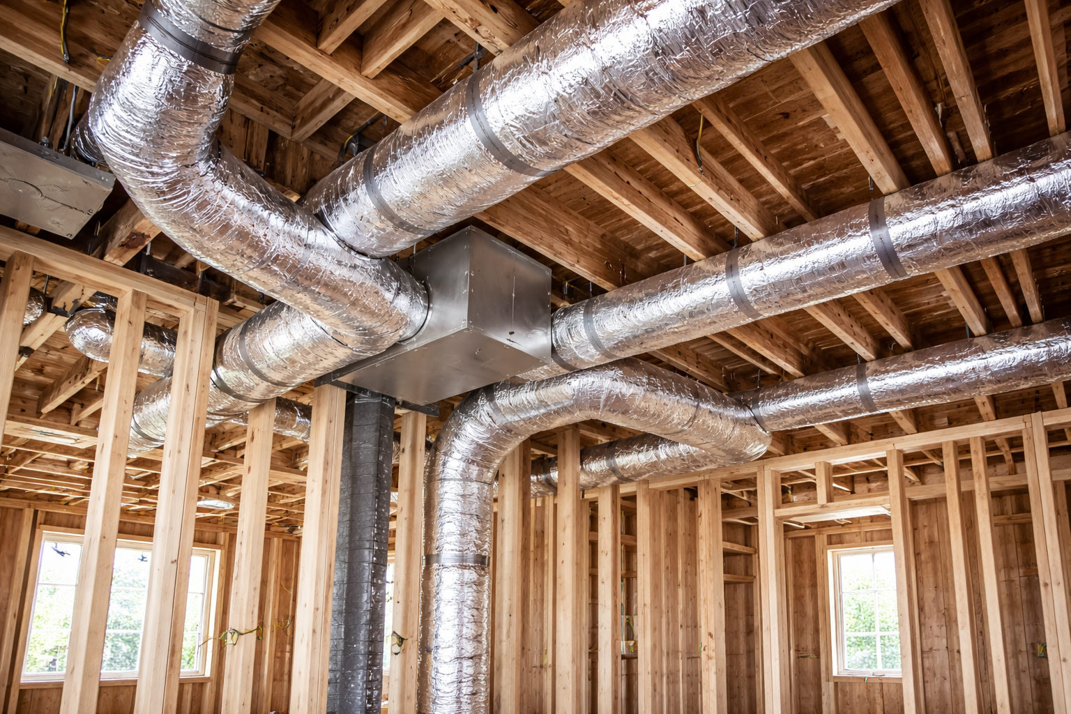 Silver HVAC ductwork and a metal junction box installed between the wooden ceiling joists of a house under construction.