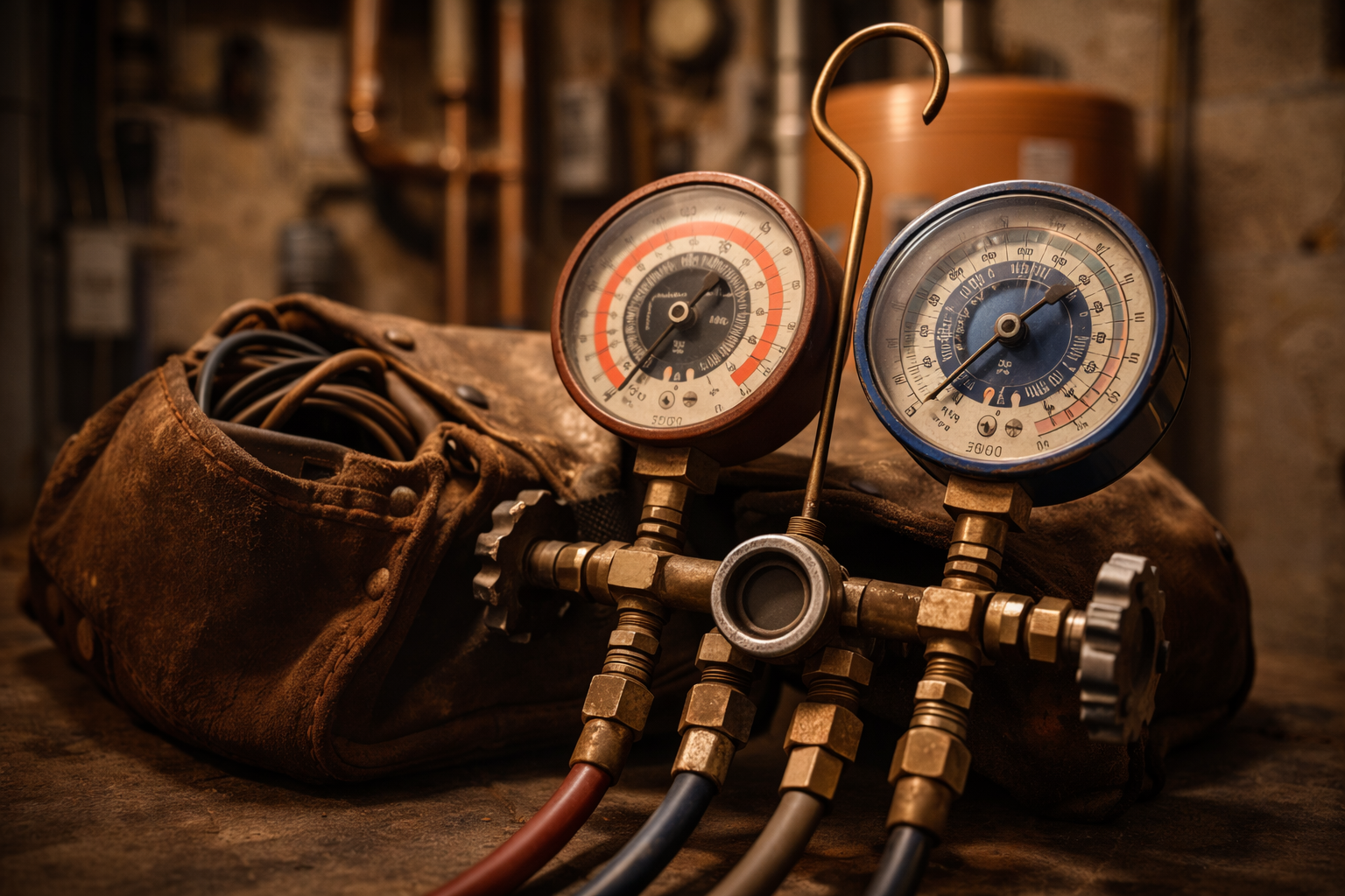 HVAC manifold gauge set with red and blue pressure dials, resting on a leather tool bag in a workshop.