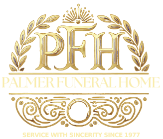 Gold Palmier Funeral Home logo with PFH monogram, laurel wreath, and “Service with Sincerity Since 1977” text