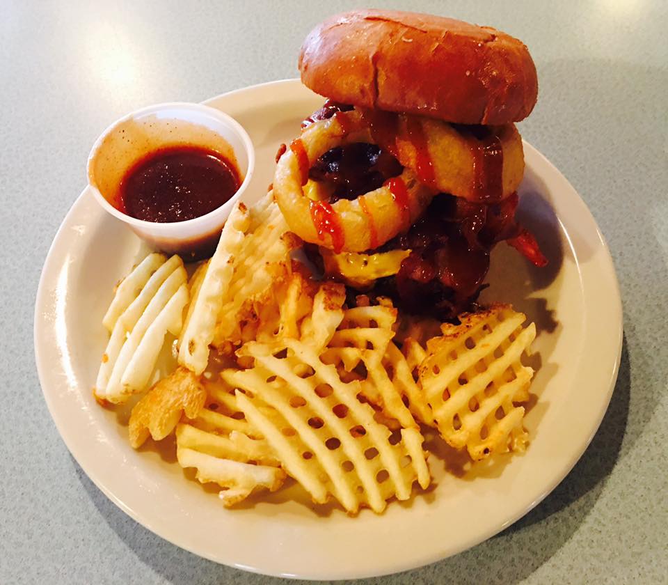 Burger and fries on a plate