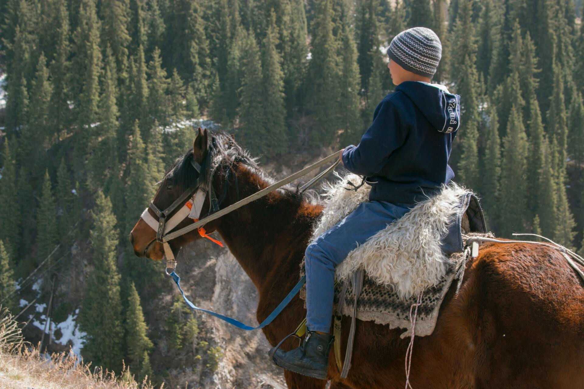 A toddler riding a horse