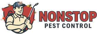 Logo: Pest control worker spraying, with bugs and text 