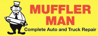Muffler Man logo: cartoon man holding a muffler. Red text on yellow background: 