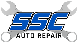 Logo for SSC Auto Repair: blue "SSC" with white and black outline, crossed wrenches, and "AUTO REPAIR."