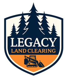 Legacy Land Clearing shield logo with pine trees, excavator, and navy, orange, and cream colors