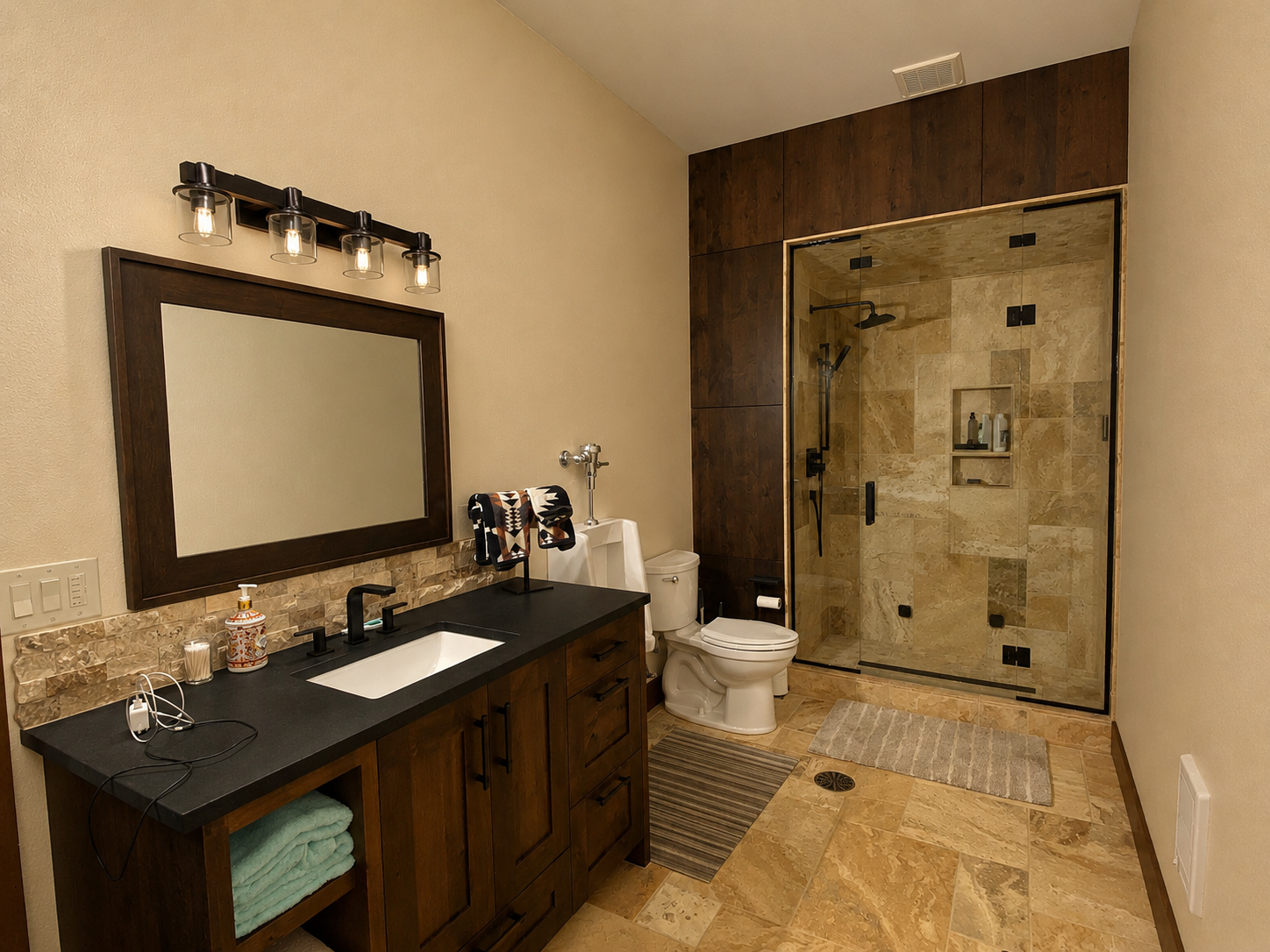 Pool house bathroom featuring custom vanity sink and a tile shower.