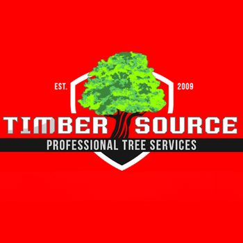 Logo for Timber Source, a tree service company. Red background, green tree icon, white text.