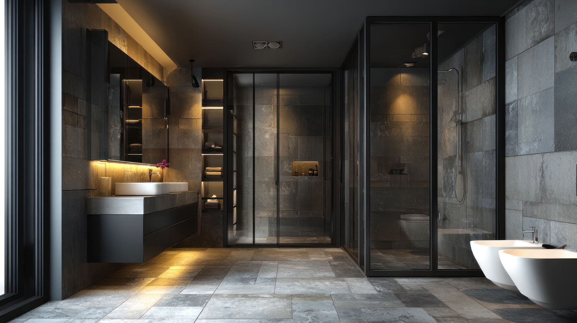 Modern gray bathroom with stone walls, glass shower, and illuminated shelving. Modern gray bathroom with stone walls, glass shower, and illuminated shelving.