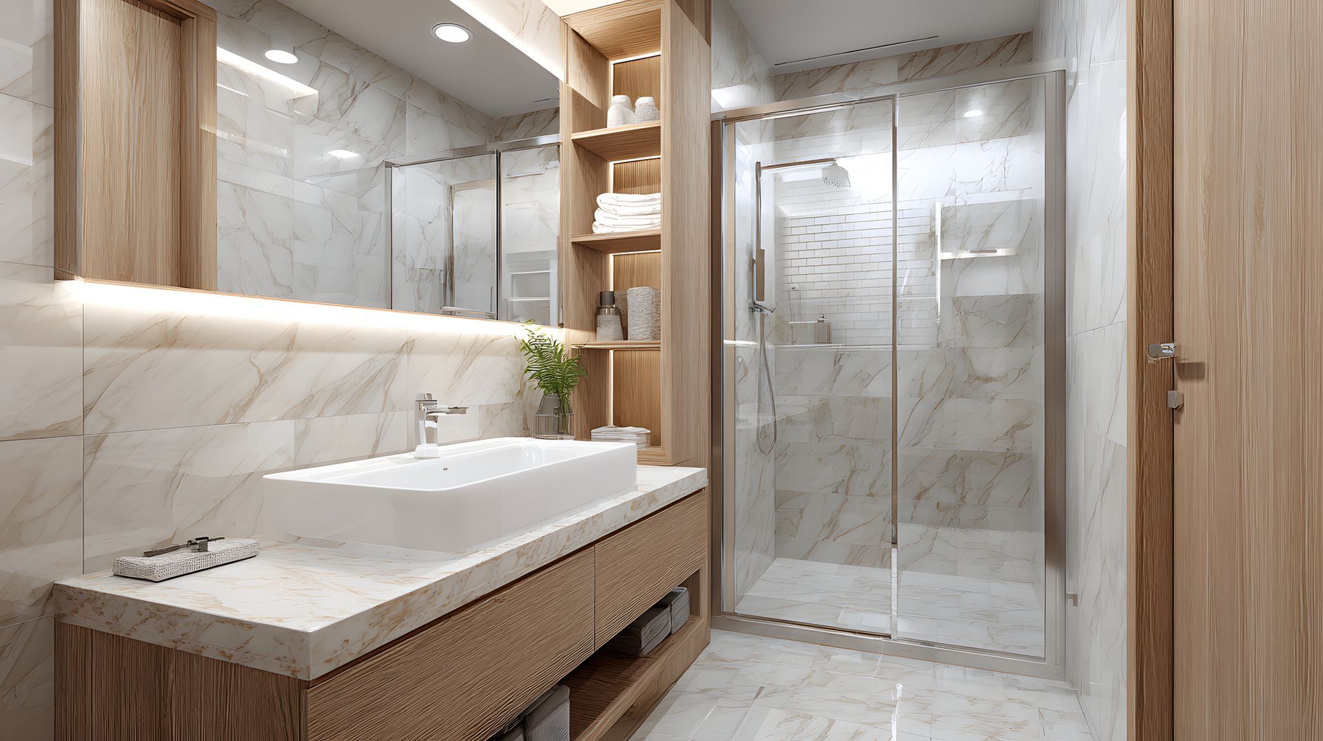Modern bathroom with marble walls, wooden cabinets, glass shower, and rectangular sink. Modern bathroom with marble walls, wooden cabinets, glass shower, and rectangular sink.