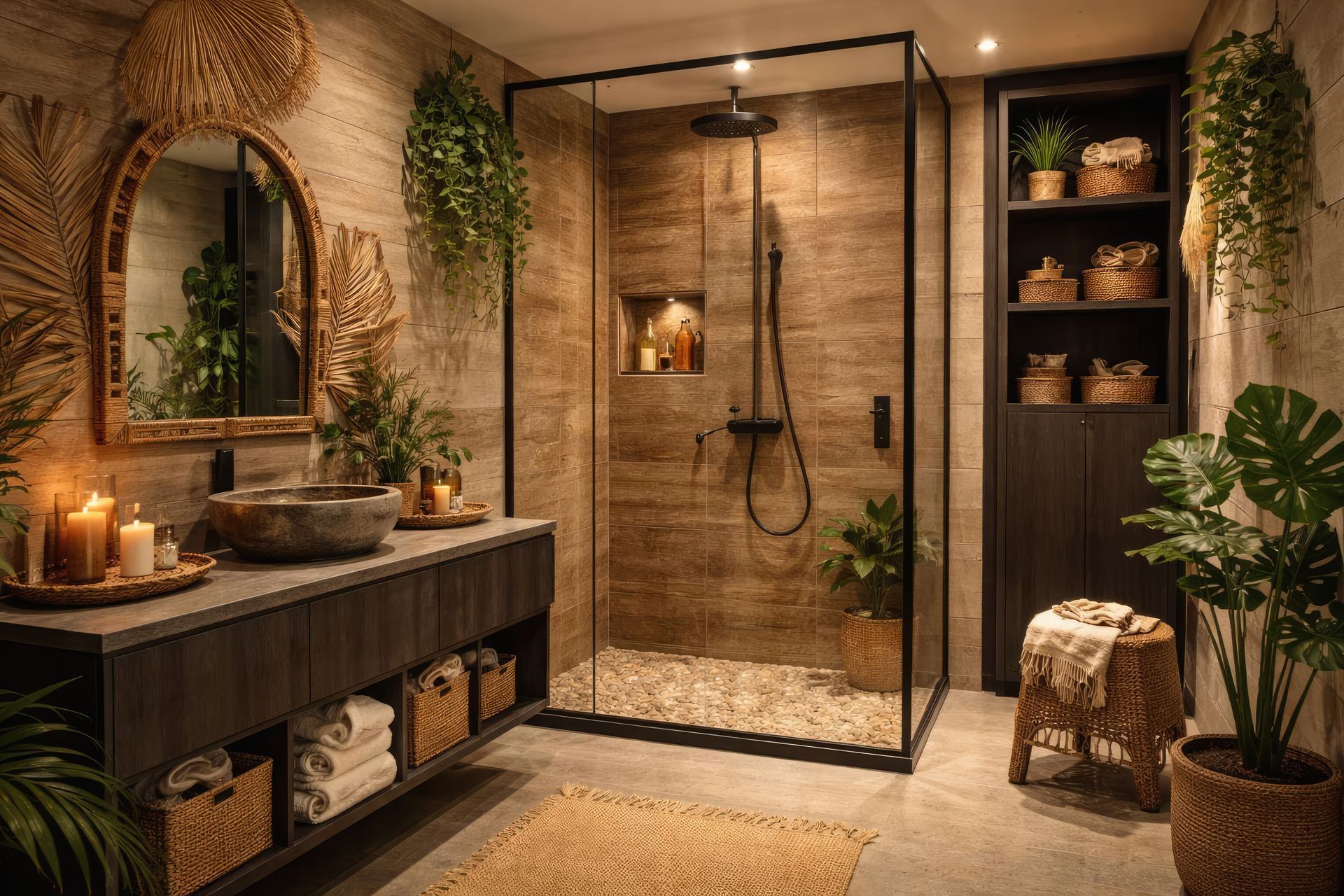 Bohemian bathroom with wooden vanity, glass shower, stone walls, plants, and wicker accents. Bohemian bathroom with wooden vanity, glass shower, stone walls, plants, and wicker accents.