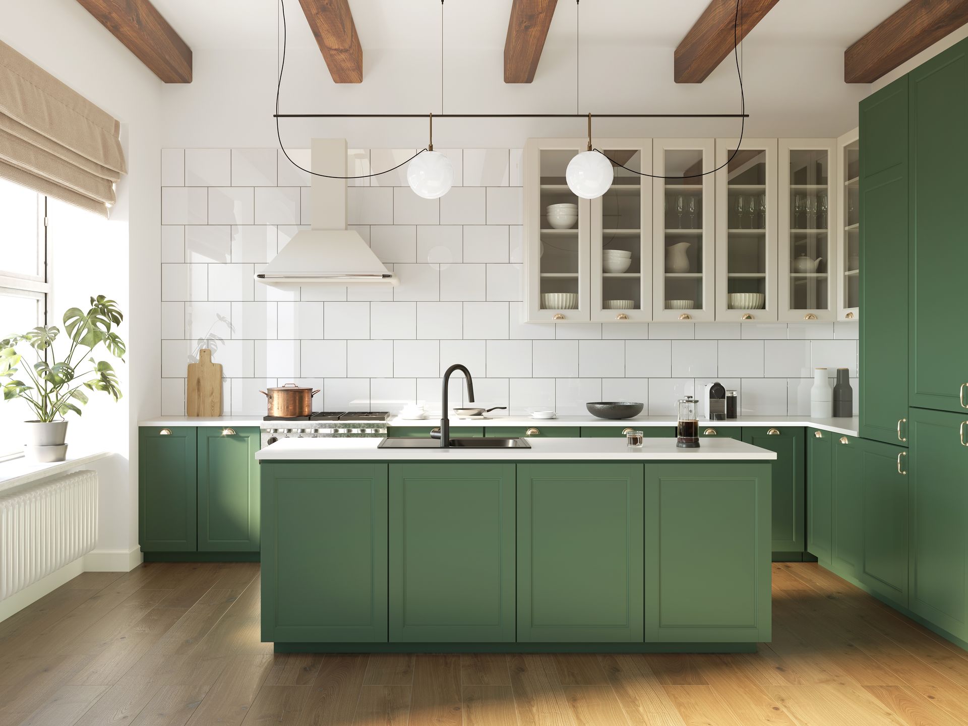 Green kitchen with island, white backsplash, wooden beams, and pendant lights. Green kitchen with island, white backsplash, wooden beams, and pendant lights.