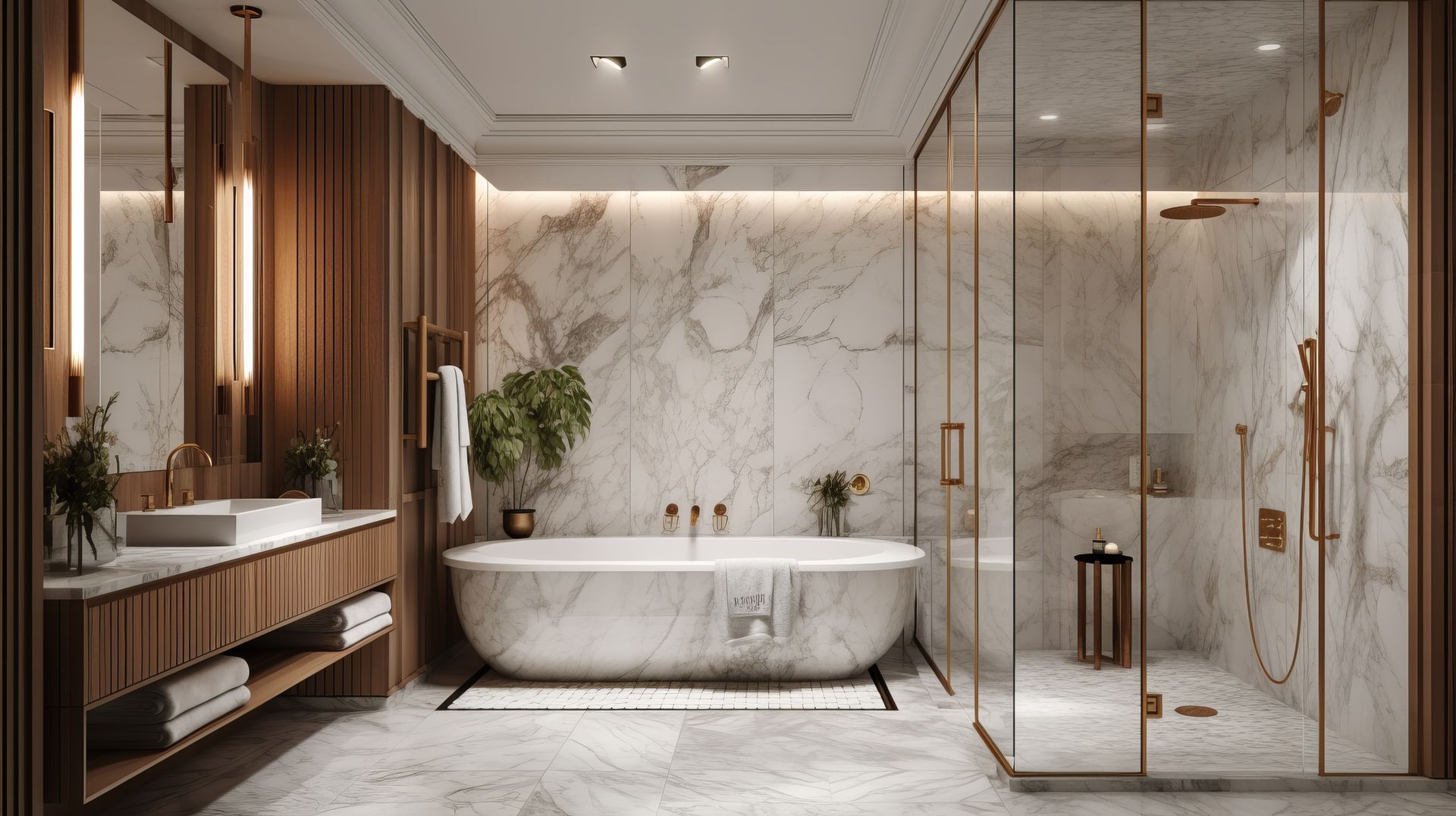 Luxurious bathroom with marble walls, wood accents, glass shower, and freestanding tub. Luxurious bathroom with marble walls, wood accents, glass shower, and freestanding tub.