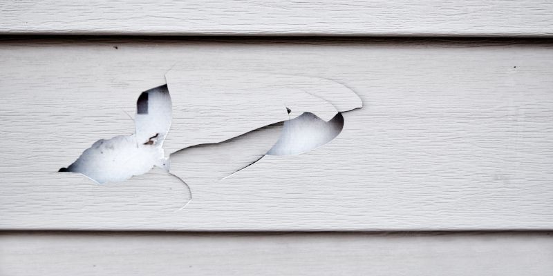 Hole in white siding.