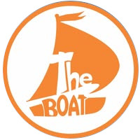 Orange and white logo with a sailboat shape and the word "The Boat" in it.