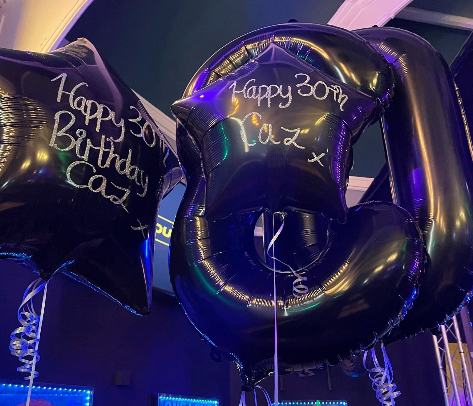 Two black balloons with happy 30th birthday written on them at the rhodehouse