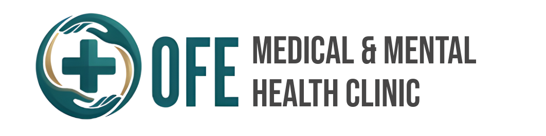 Logo for OFE Medical & Behavioral Health Associates Clinic; teal cross and swooshes, text on white background.
