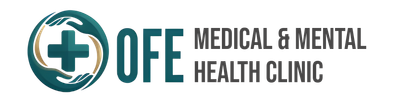 Logo for OFE Medical & Behavioral Health Associates Clinic; teal cross and swooshes, text on white background.