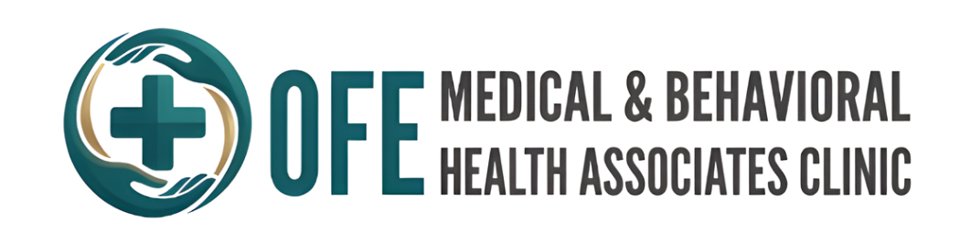 Logo for OFE Medical & Behavioral Health Associates Clinic. Features teal cross icon and text.