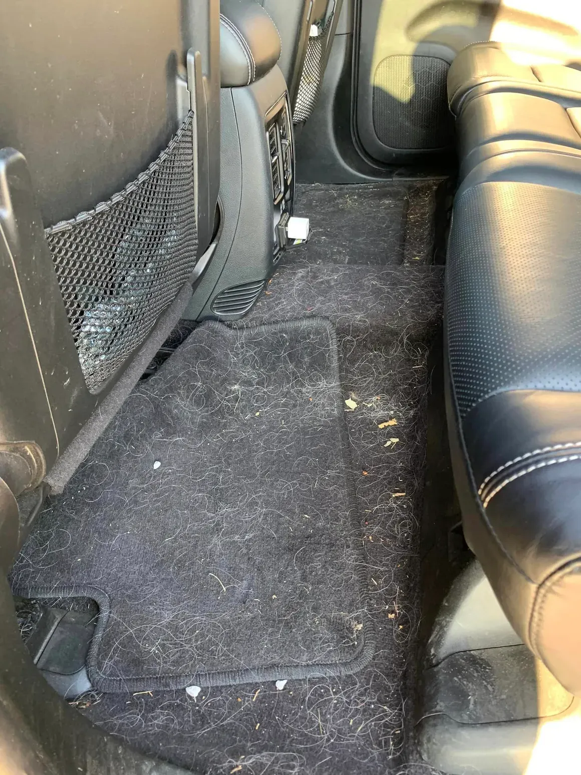 The back seat of a car is dirty and covered in dust.