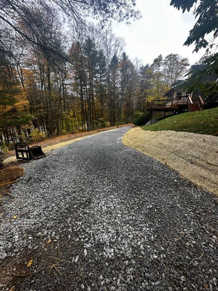 Gravel driveway curving through a wooded yard beside a house in autumn.