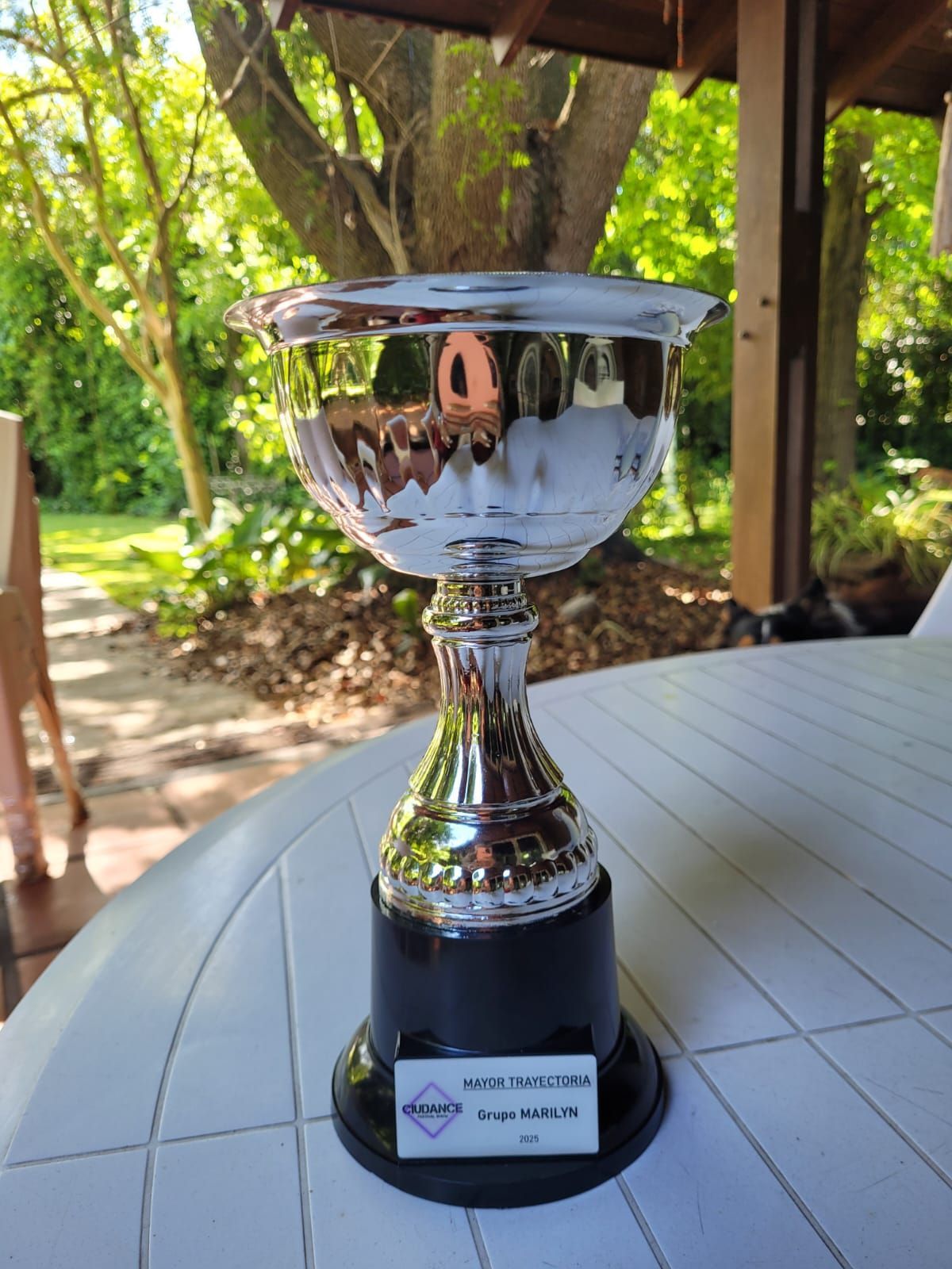Trofeo plateado sobre una mesa al aire libre, en un jardín.