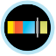 A black circle with a rainbow of colors in it.