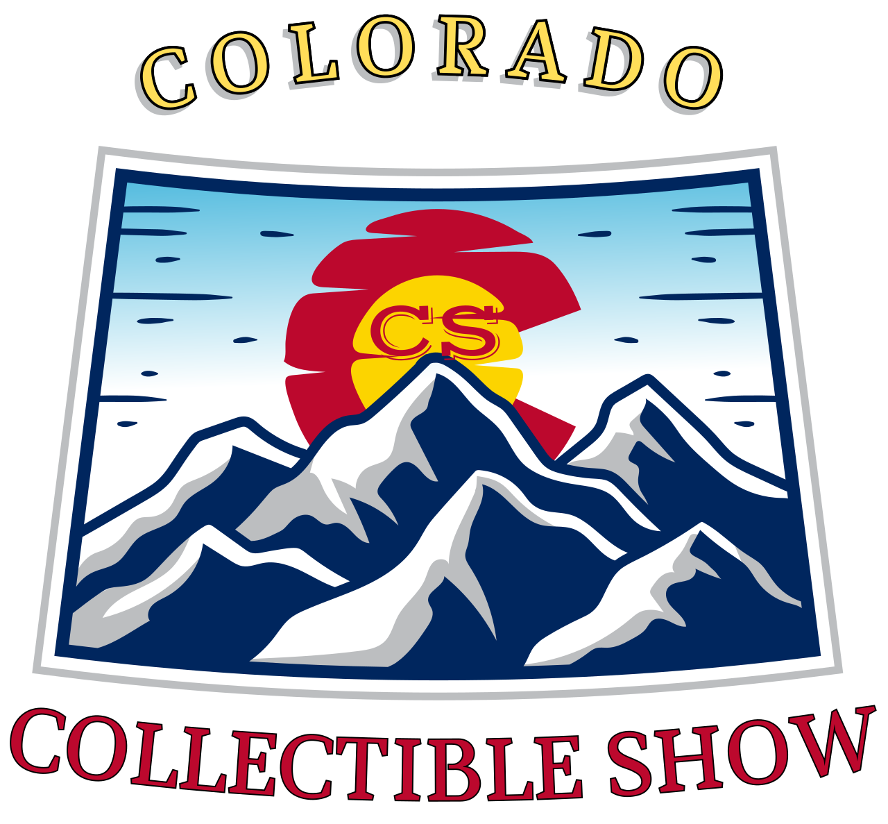 Colorado Collectible Show logo with mountain range, state outline sun, and text.