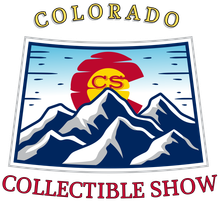Colorado Collectible Show logo with mountain range, state outline sun, and text.