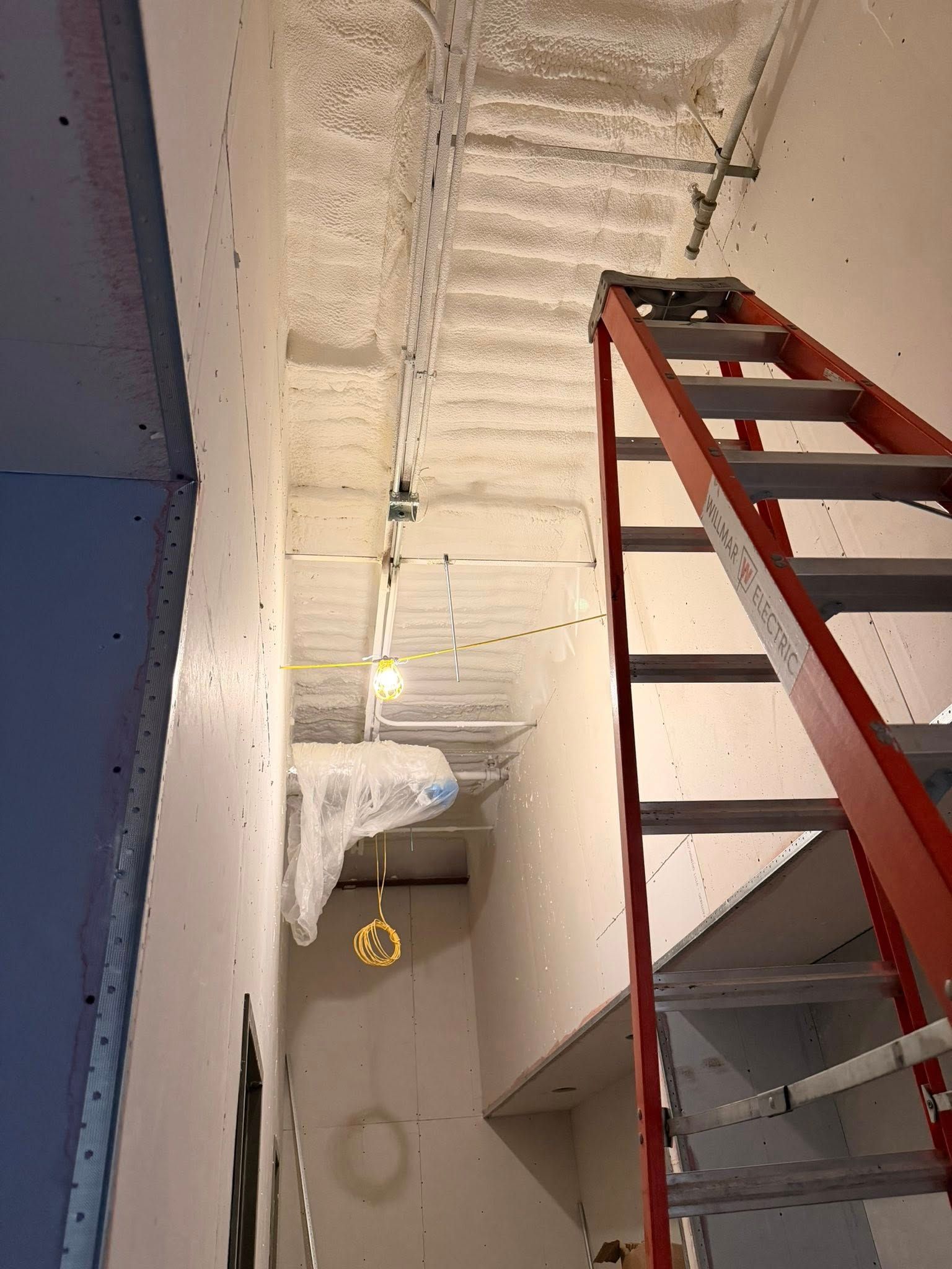 Red ladder in unfinished room with exposed ceiling and hanging light fixture