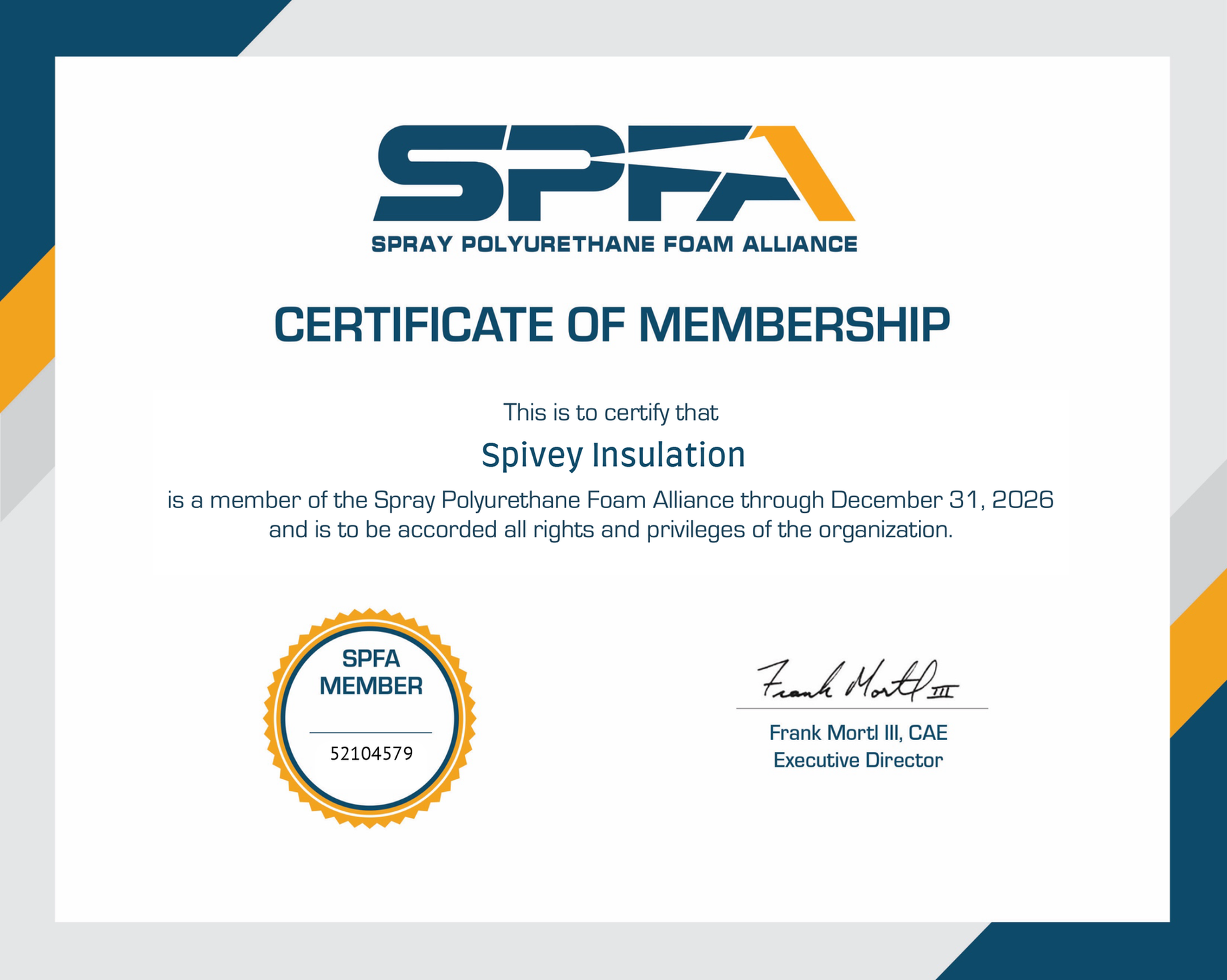 SPFA membership certificate with blue and gold logo, signature, and date on a white background.