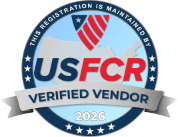 USFCR Verified Vendor 2026 badge in blue, red, and silver with stars and ribbon